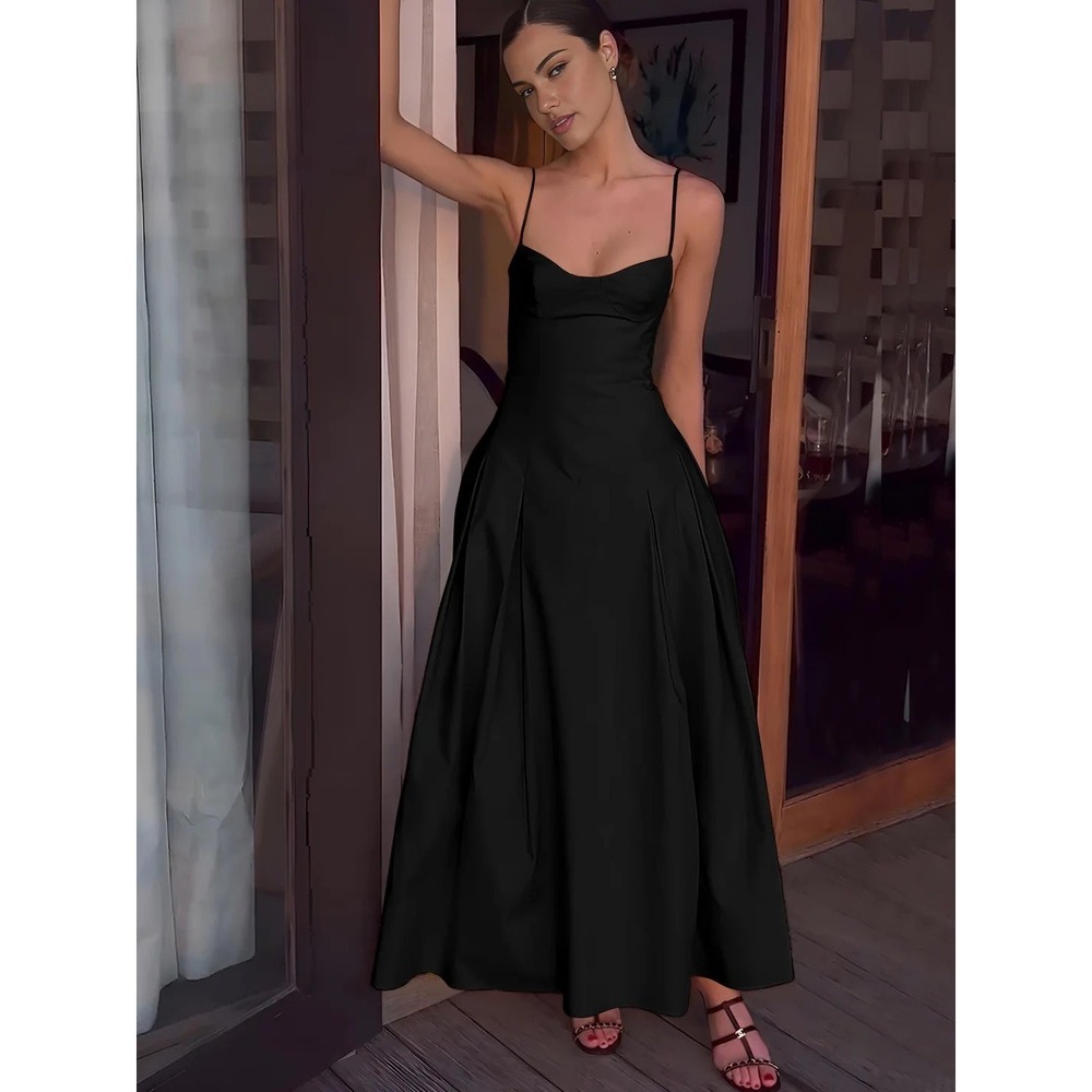 Commense Black Maxi‎ Dress Spaghetti Strap Sleeveless A Line Cocktail Size L